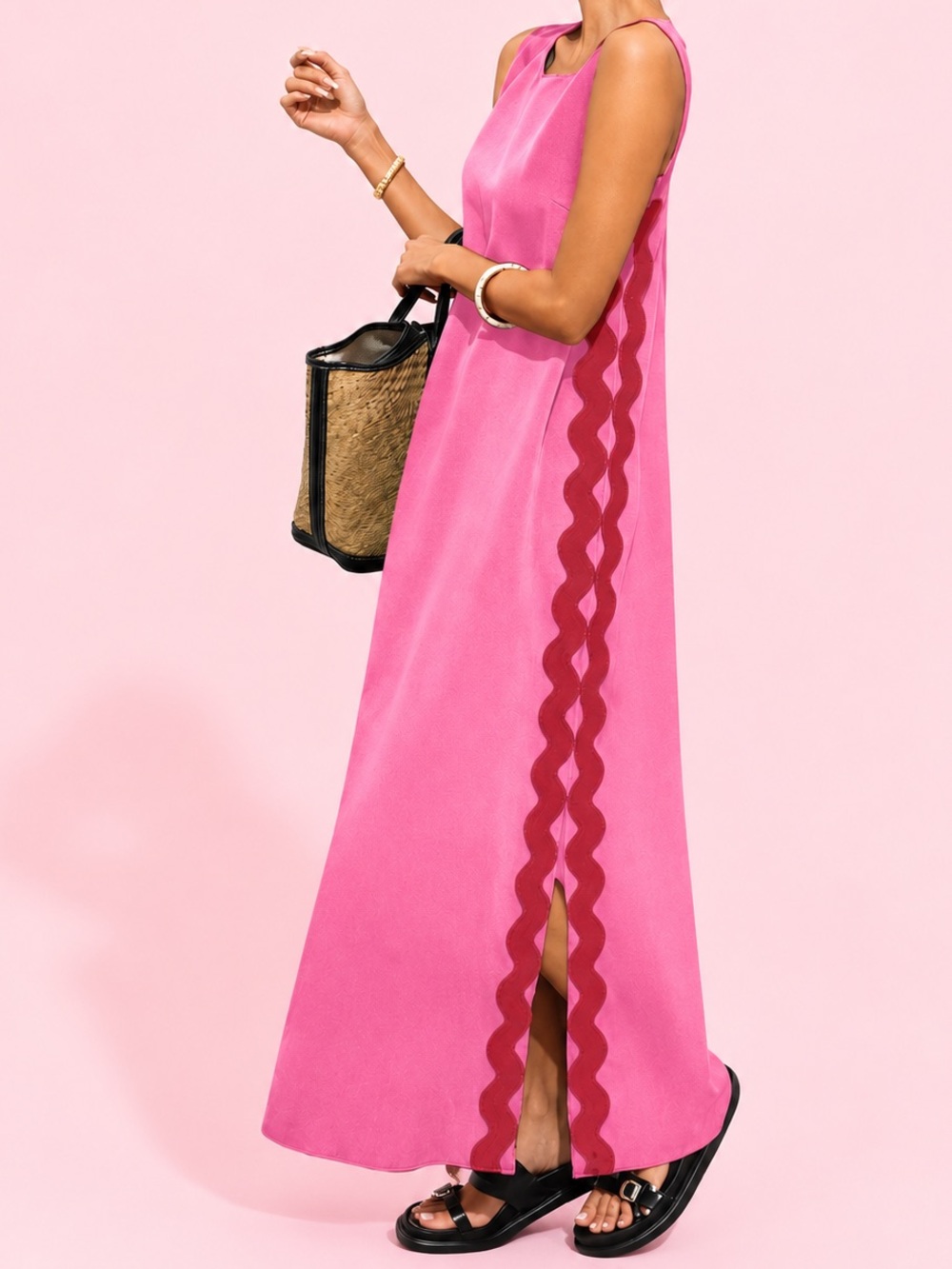 Pink and Red Ric Rac Trim Sleeveless Maxi Dress Side Slit Resort Medium
